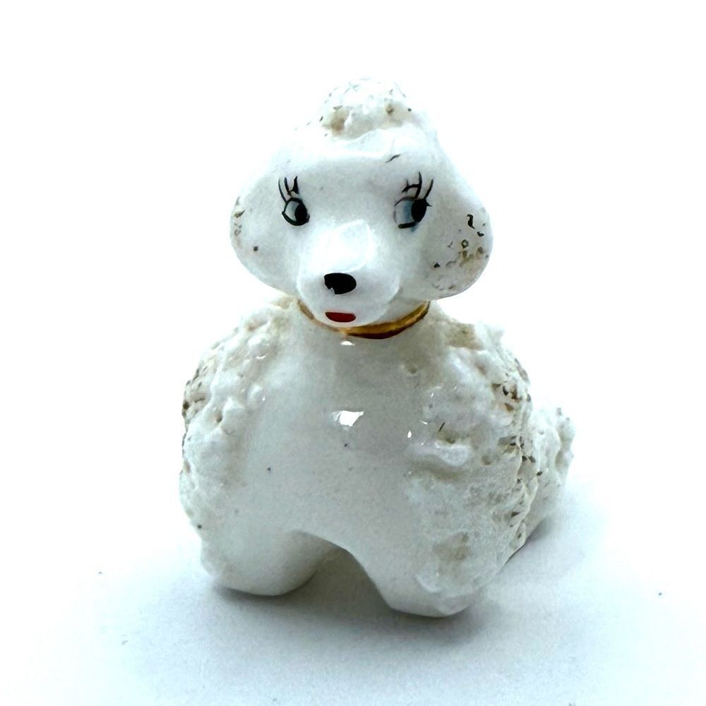 Vintage Spaghetti Poodle Dog White Figurine Sitting Gold Collar MCM Leash Loop
